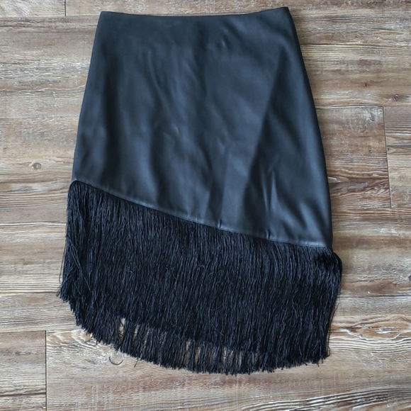 Black Leather and Fringe Asymmetrical Skirt - Picture 4 of 7